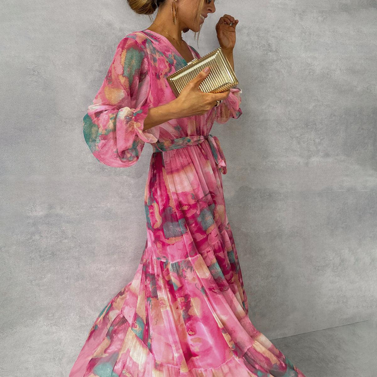 Women's Pink Boho Long Sleeve Dress – Chic Summer to Evening Style