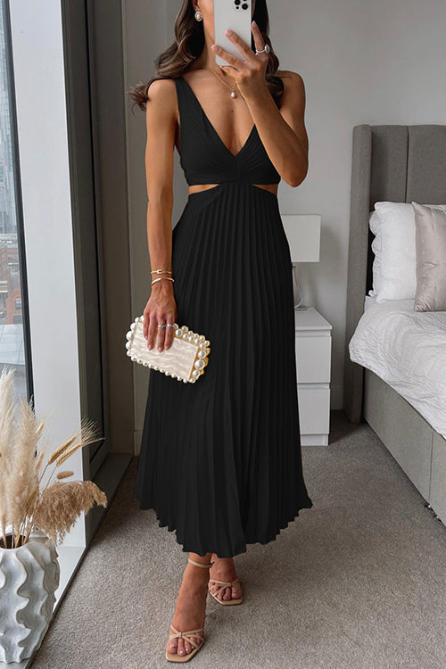Women's Satin Maxi Dress – Pleated V-Neck Structured Elegant Evening Gown