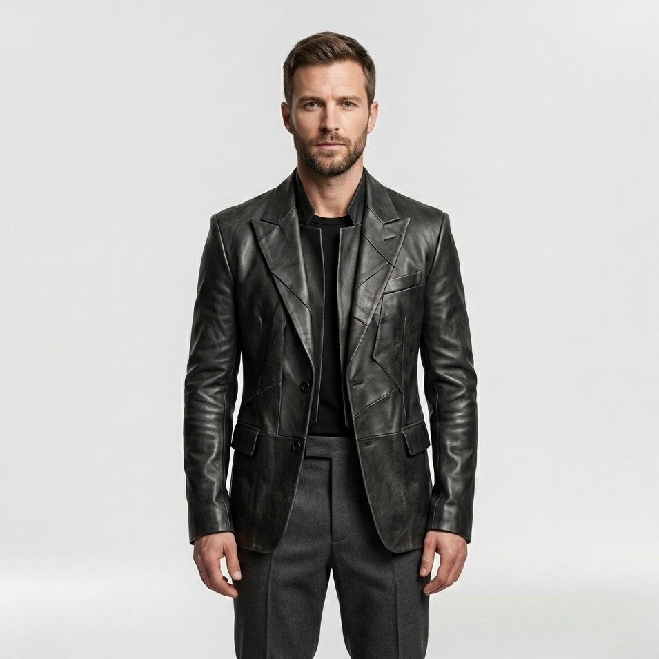 Men's Geometric-Panel Faux-Leather Blazer