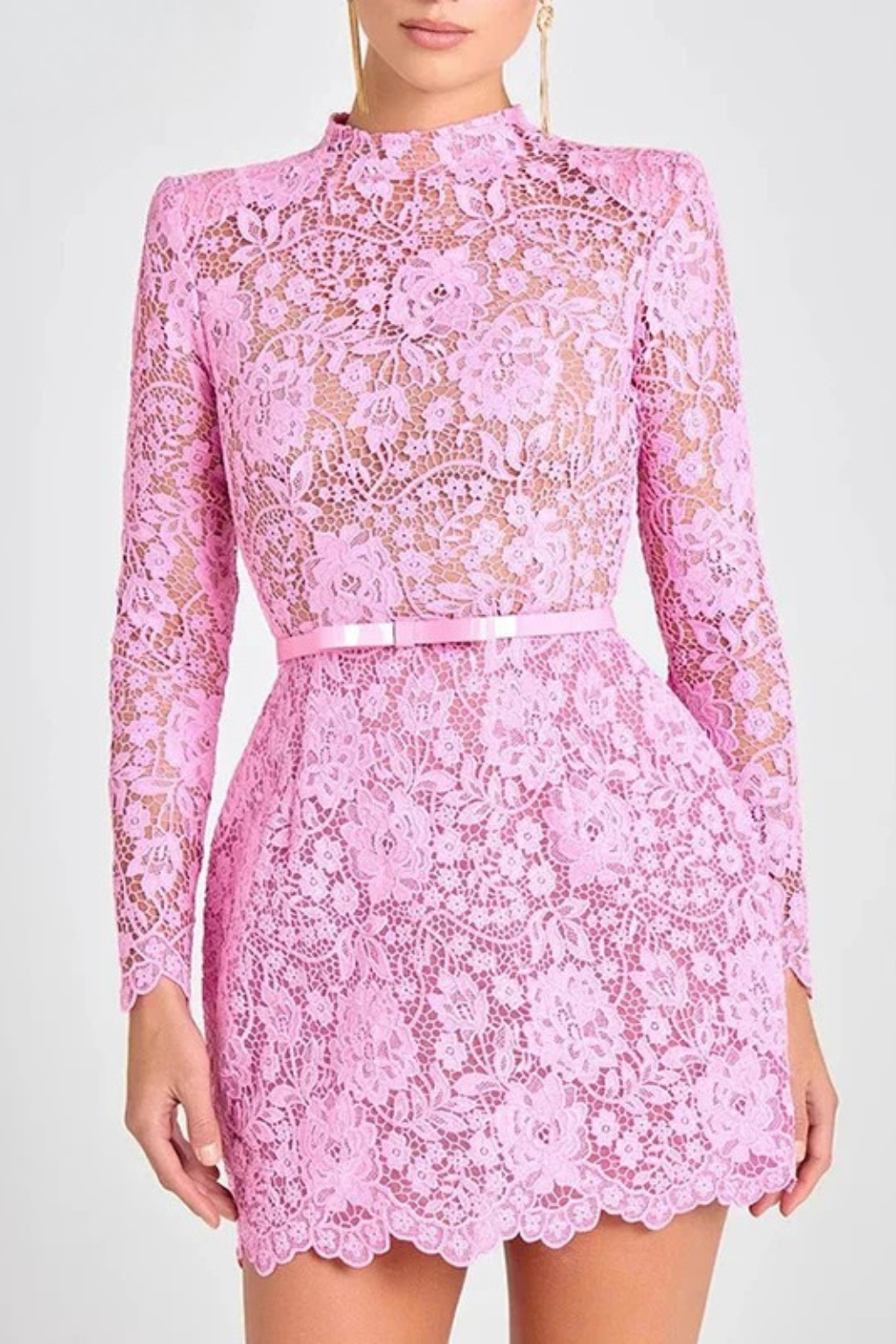 Women's Floral Lace Mini Dress – High Neck Belted Style