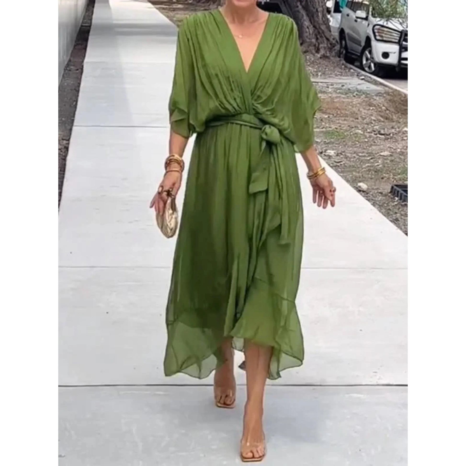 Women's Chiffon V-Neck Dress – Elegant Lightweight Flowy Versatile Style