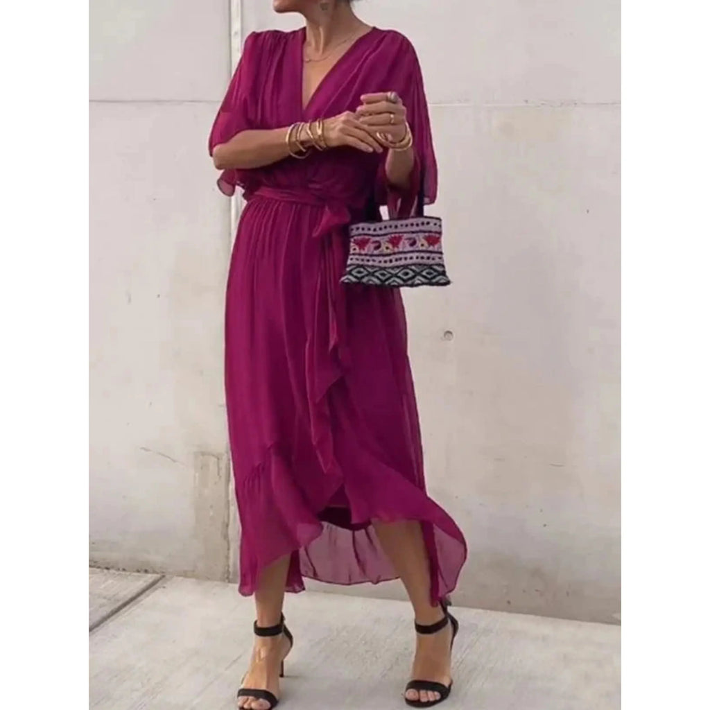 Women's Chiffon V-Neck Dress – Elegant Lightweight Flowy Versatile Style