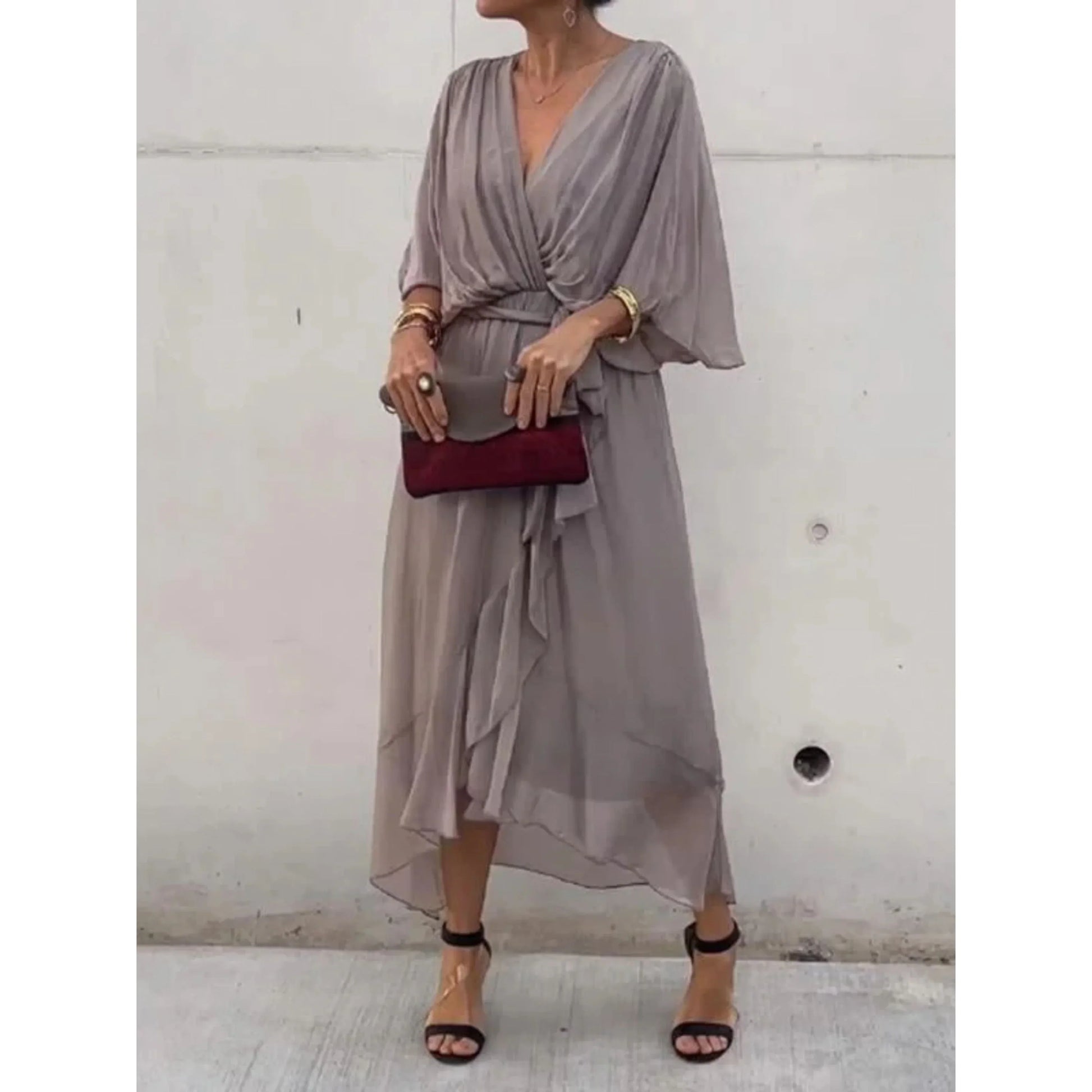 Women's Chiffon V-Neck Dress – Elegant Lightweight Flowy Versatile Style
