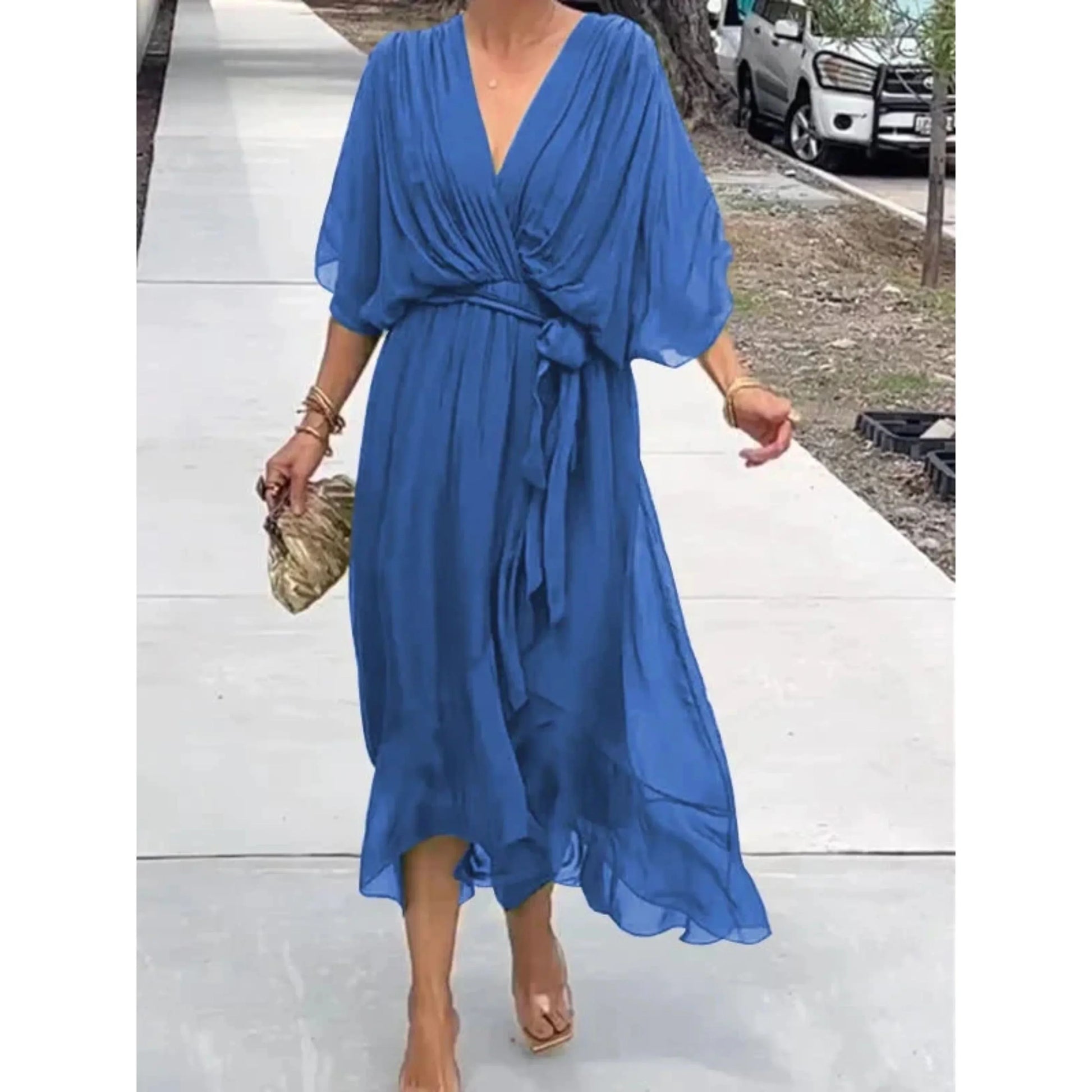 Women's Chiffon V-Neck Dress – Elegant Lightweight Flowy Versatile Style