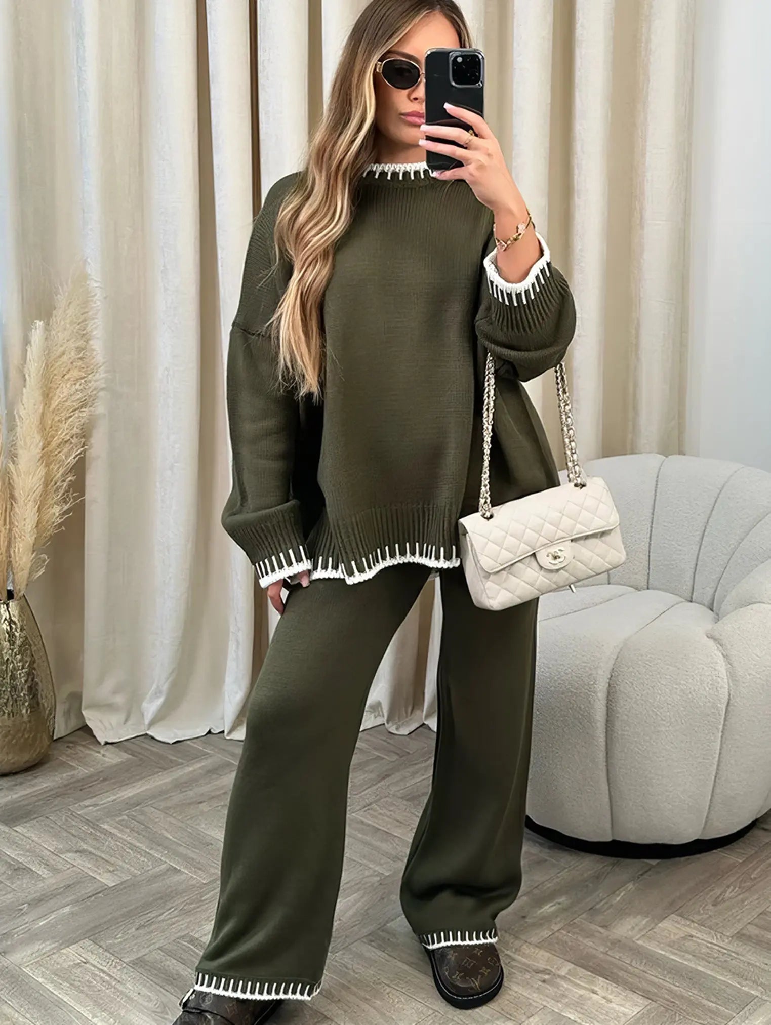 Women's Contrast Trim Knit Lounge Set – Cozy Two-Piece Style