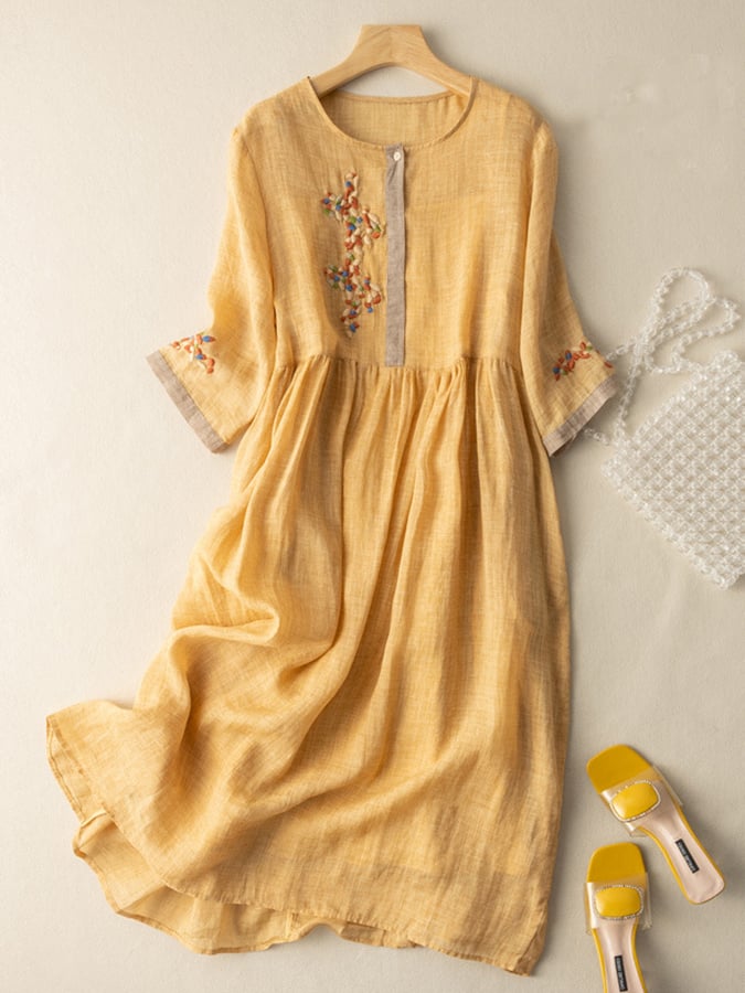 Women's Bohemian Midi Dress – Floral Embroidery Casual Elegant Style