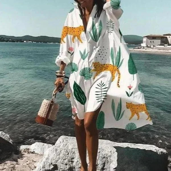 Women's White Flowy Shirt Dress – Trendy Lightweight Casual Chic