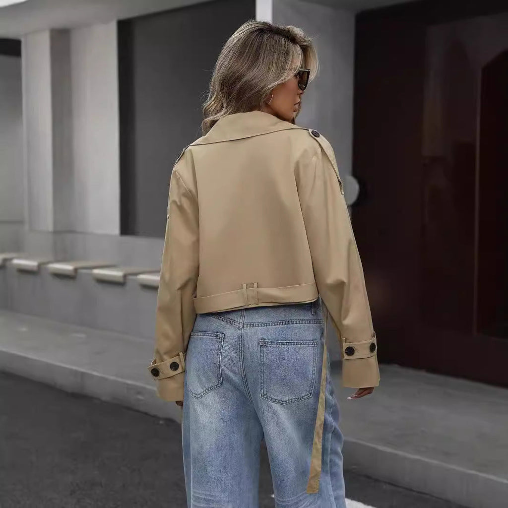 Women's Cropped Double-Breasted Trench Jacket – Chic Layering Style