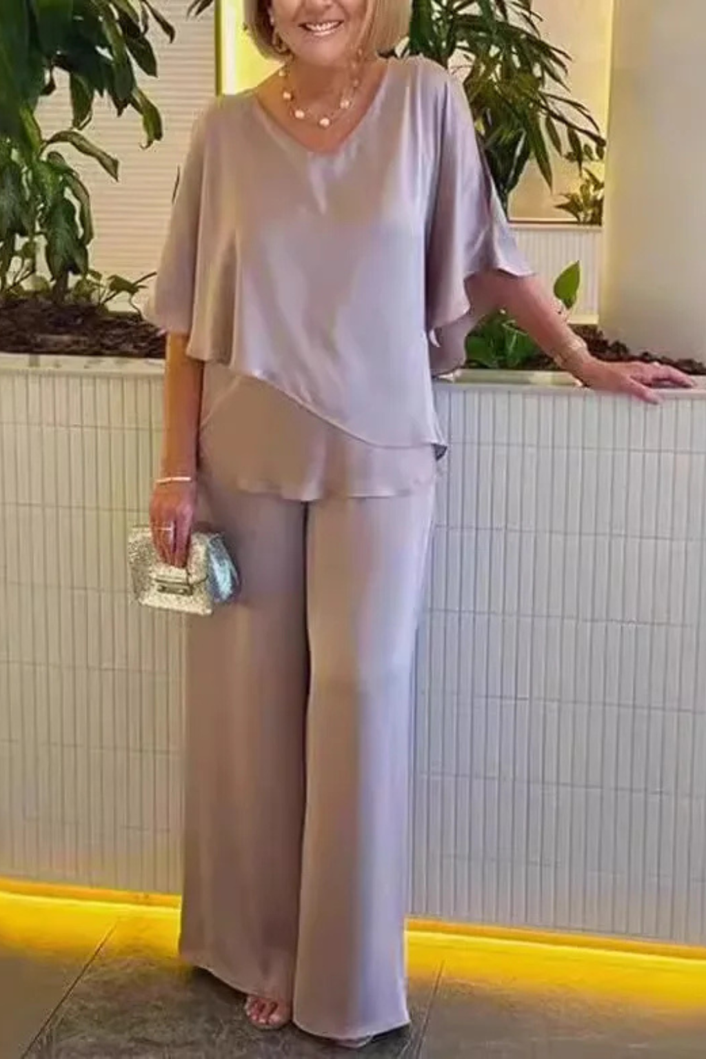 Women's Batwing Sleeve Two-Piece Set – V-Neck Wide Leg Style