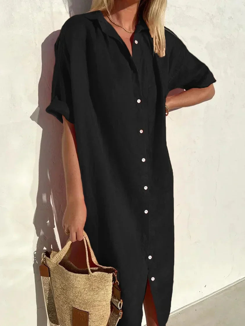 Women's Cotton Linen Button-Down Dress – Wide Sleeve Casual Elegance