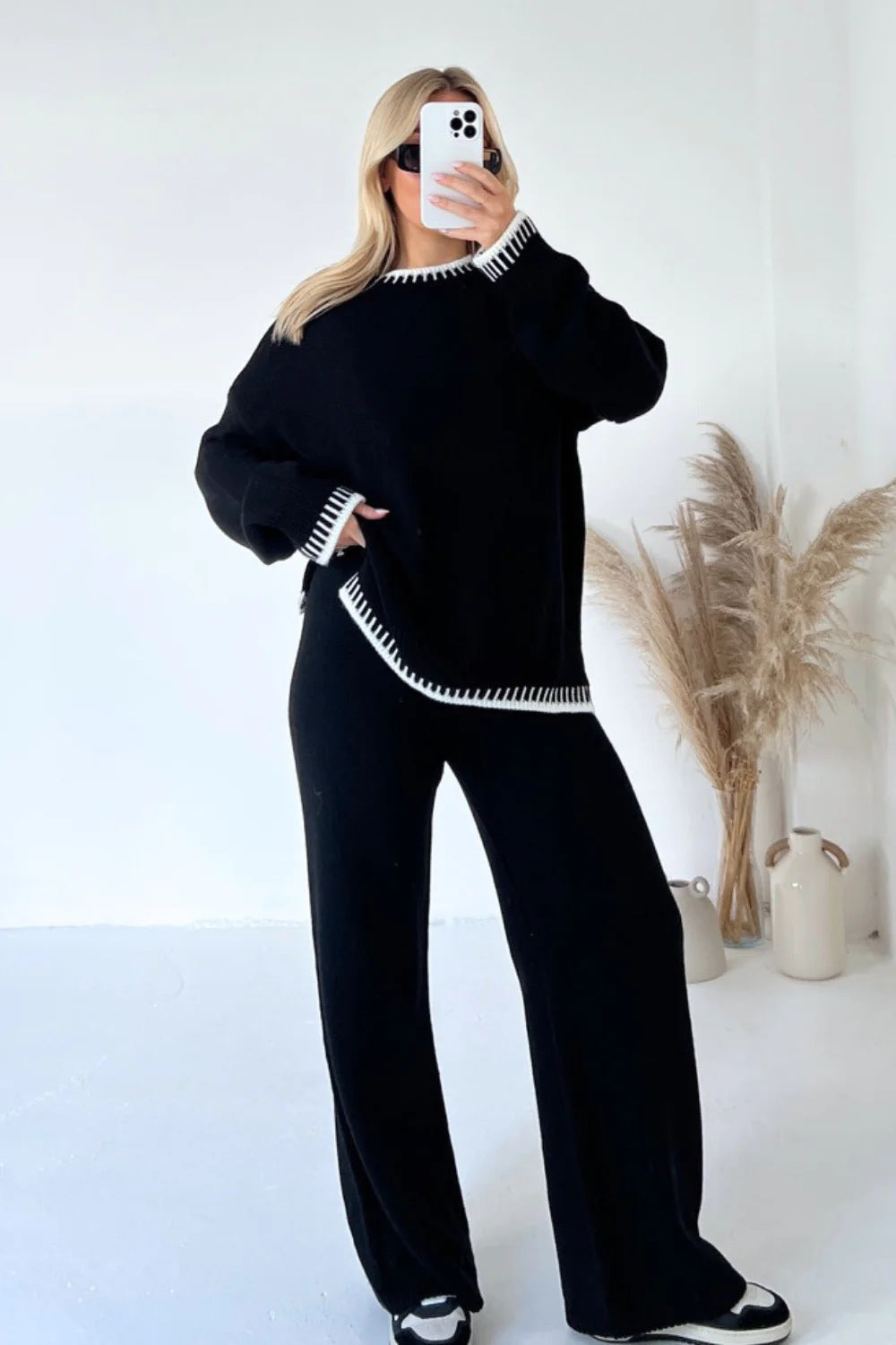 Women's Contrast Trim Knit Lounge Set – Cozy Two-Piece Style