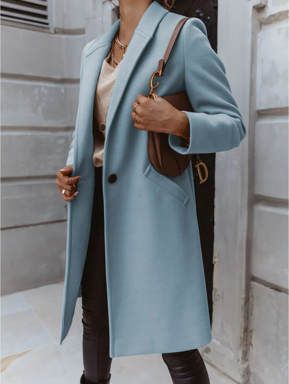 Women's Double-Breasted Long Coat – Trendy Tailored Outerwear Style