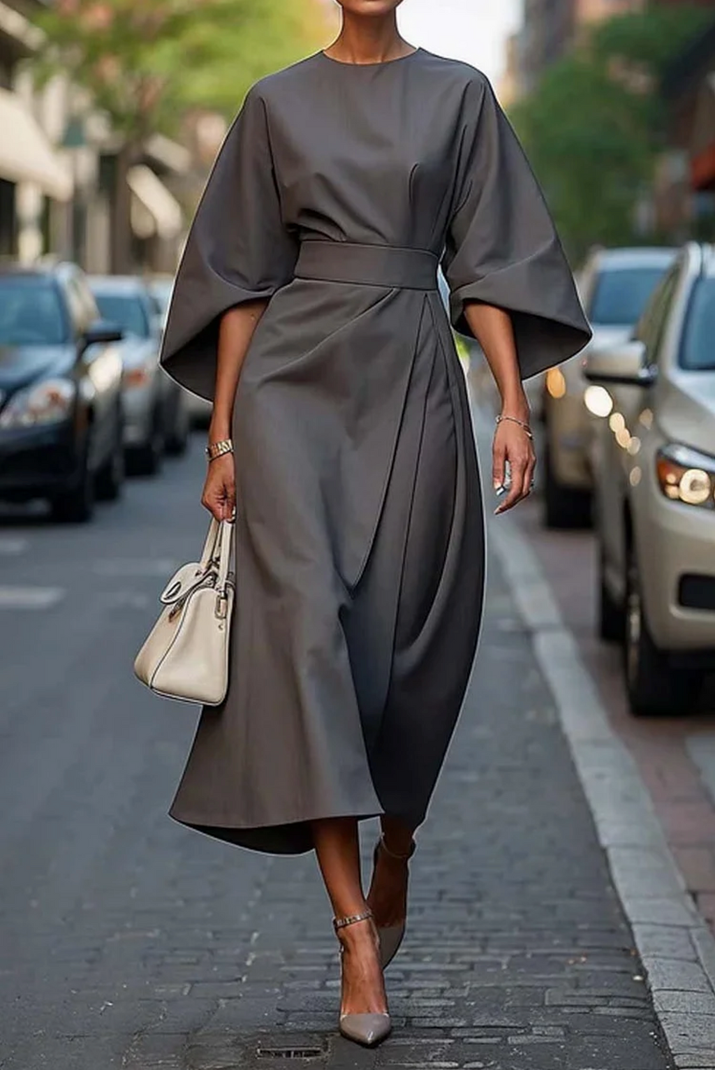 Women's Formal Midi Dress – Wide Sleeve Bold Luxurious Elegant Style