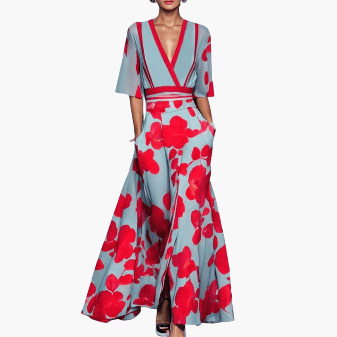 Floral Dress with V-Neck for Women – Elegant & Long