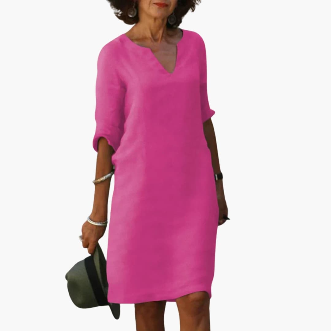Women's Knee-Length V-Neck Dress – Three-Quarter Sleeves Classic Everyday Elegance