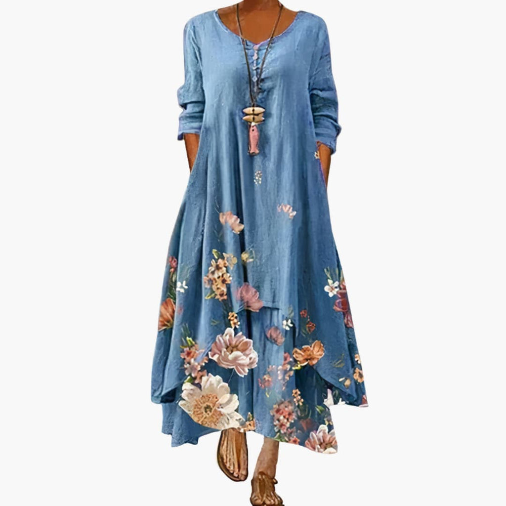 Women's Long Sleeve Pocket Dress – Round Neck Comfortable Everyday Style