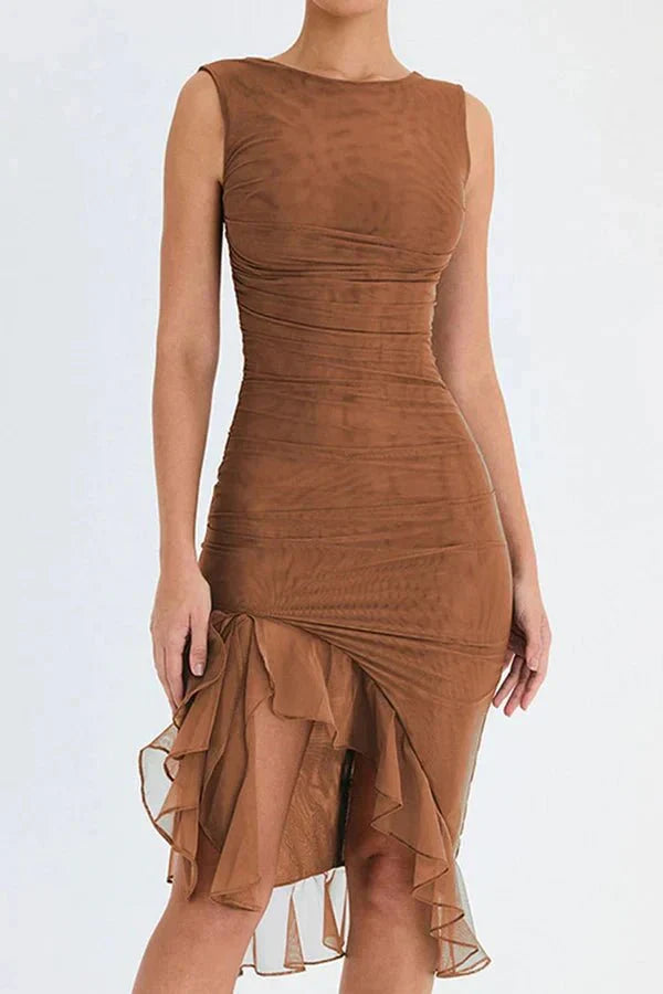 Women's Ruched Sleeveless Midi Dress – Wedding Guest Elegant Style