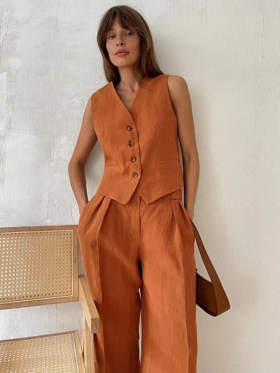Women's Linen Two-Piece Set – Sleeveless Vest and Wide Leg Summer Style