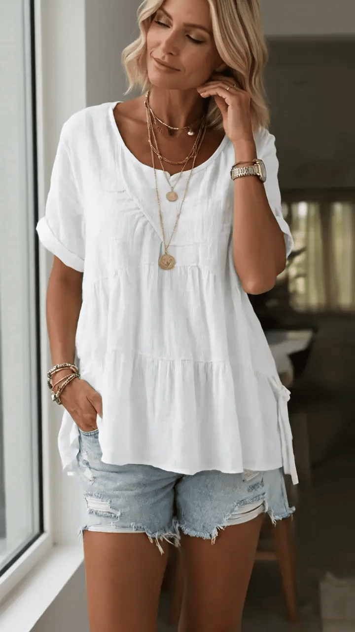 Women's Round Neck Cotton Linen Shirt - Casual Short Sleeve Top